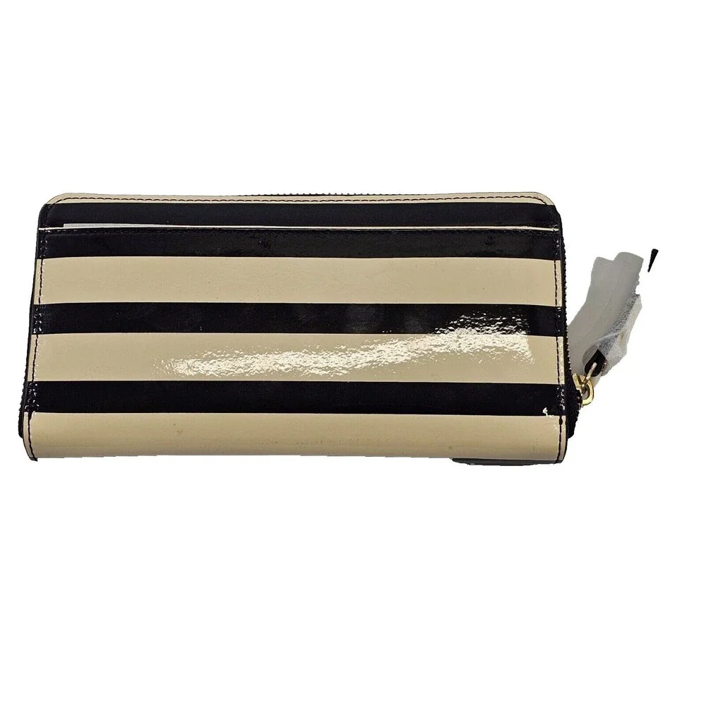 Kate Spade New York Striped Patent Leather Zip‎ Around Wallet Black Cream Clutch